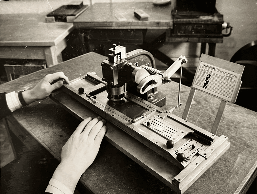 Arkivbilde av et gammelt stanseverktøy for tippekuponger.